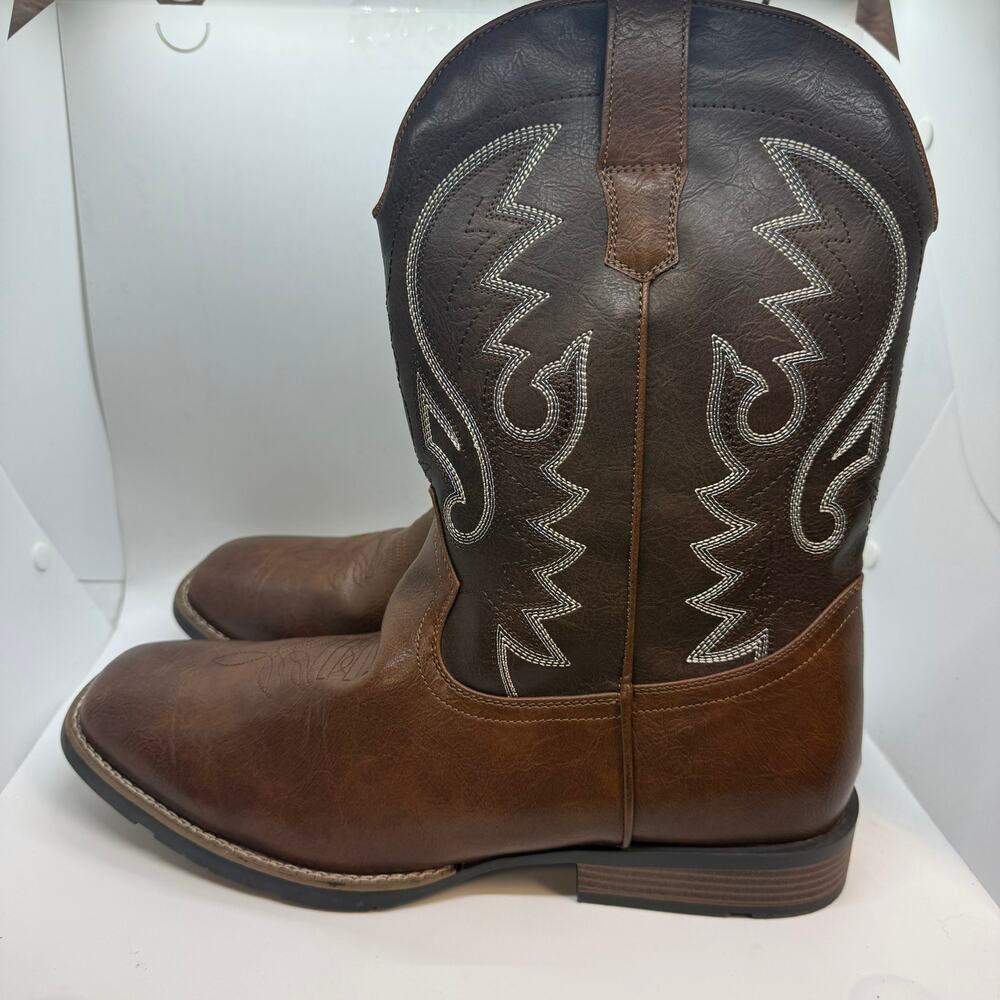 IUV Square Toe Western Cowboy Boots Men’s US 14 Dark Brown Leather Embroidered